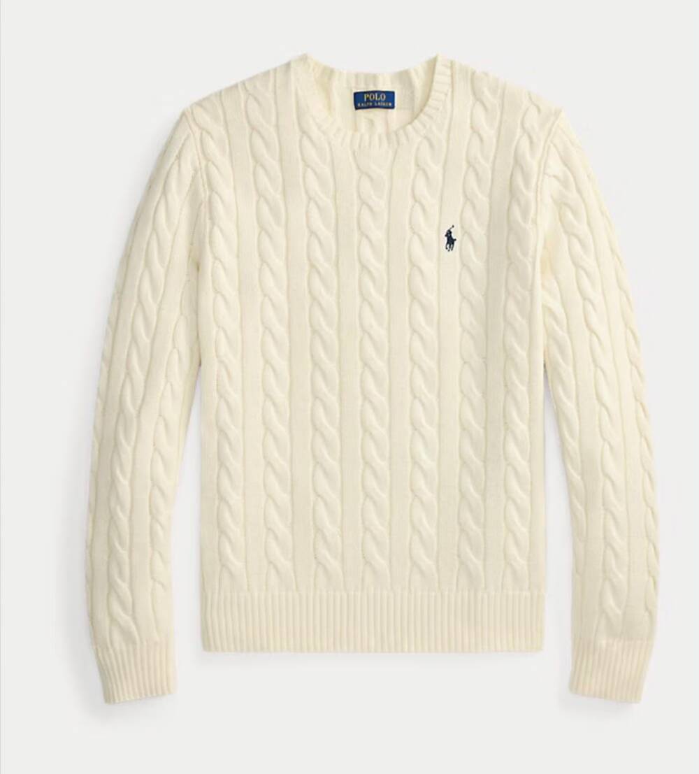Polo Ralph Lauren Cream Cable Knit Crewneck Sweater Navy Pony